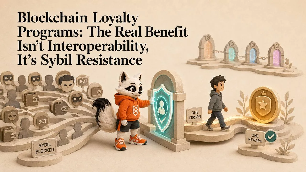 A blockchain loyalty checkpoint blocks a crowd of duplicate wallet identities before one verified person receives one reward.