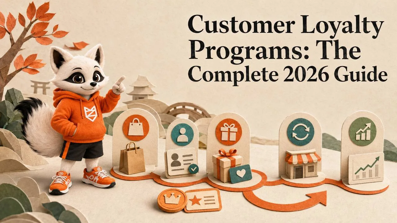 Zenko fox pointing at a winding path of loyalty milestones, shopping, profile, gifts, storefront and growth, in a papercraft autumn scene.