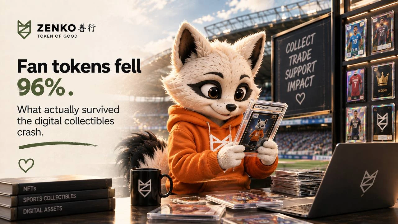 Zenko fox examining a digital collectible beside a fan-token decline headline.