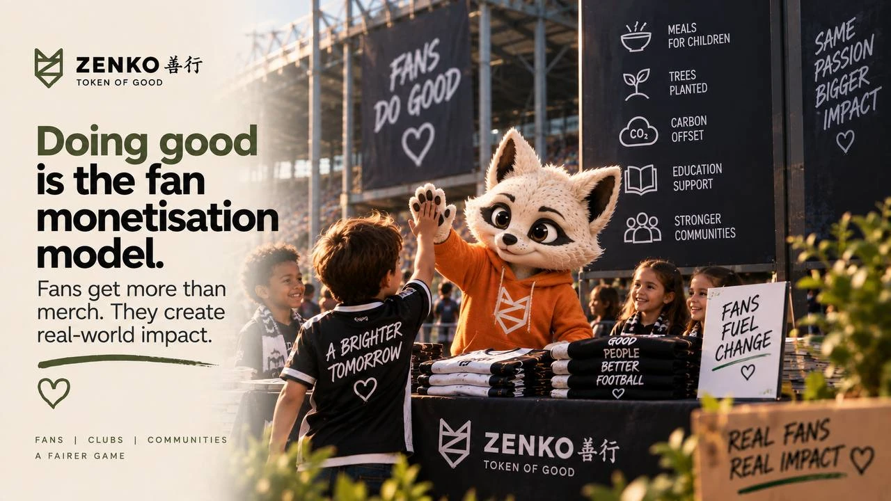 Zenko fox high-fiving a young supporter at a stadium campaign stand for real-world impact.