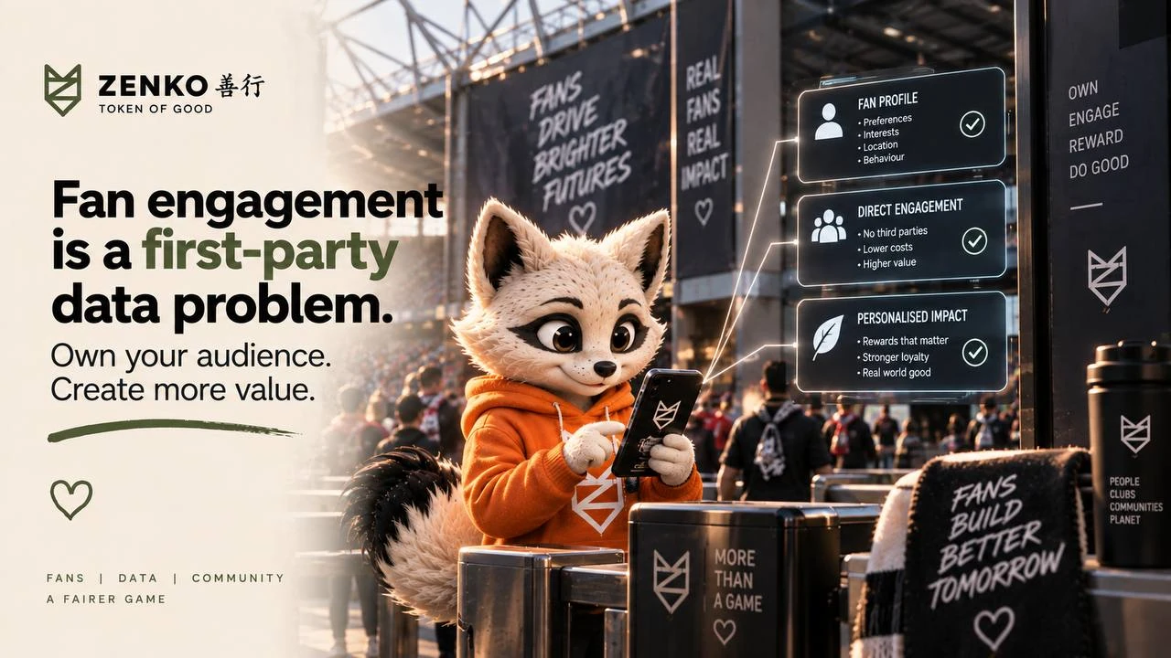 Zenko fox holding a phone beside a first-party fan identity dashboard.