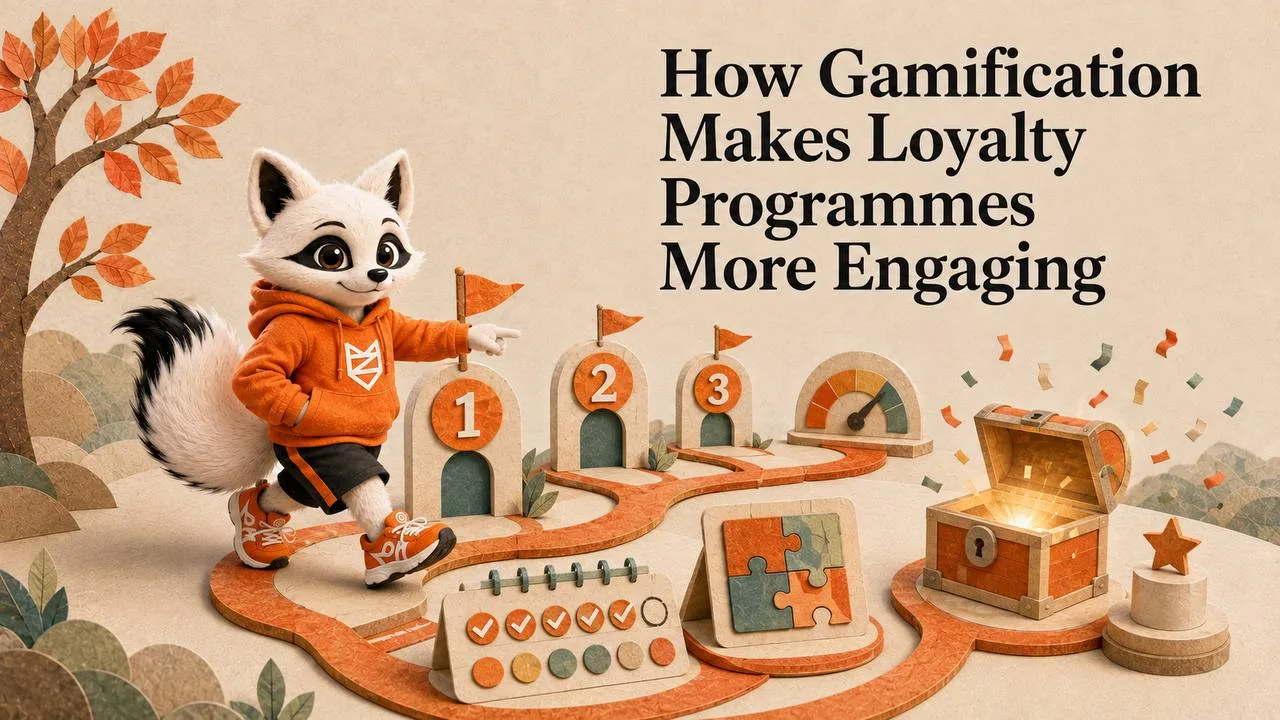 Zenko fox running a gamified track past numbered checkpoints, a checklist, a puzzle piece and a treasure chest of rewards.
