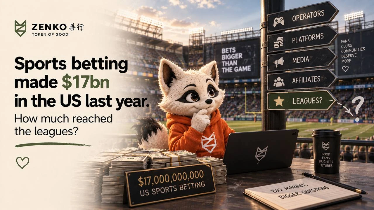 Zenko fox at a stadium desk beside sports betting revenue and operator signposts.