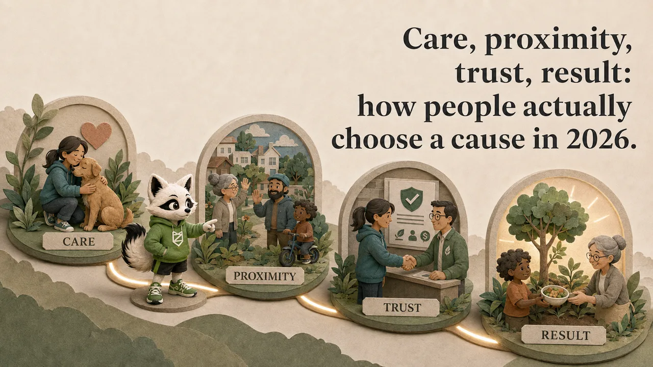 Zenko fox mapping the four factors people use to choose a cause: care, proximity, trust and visible results.
