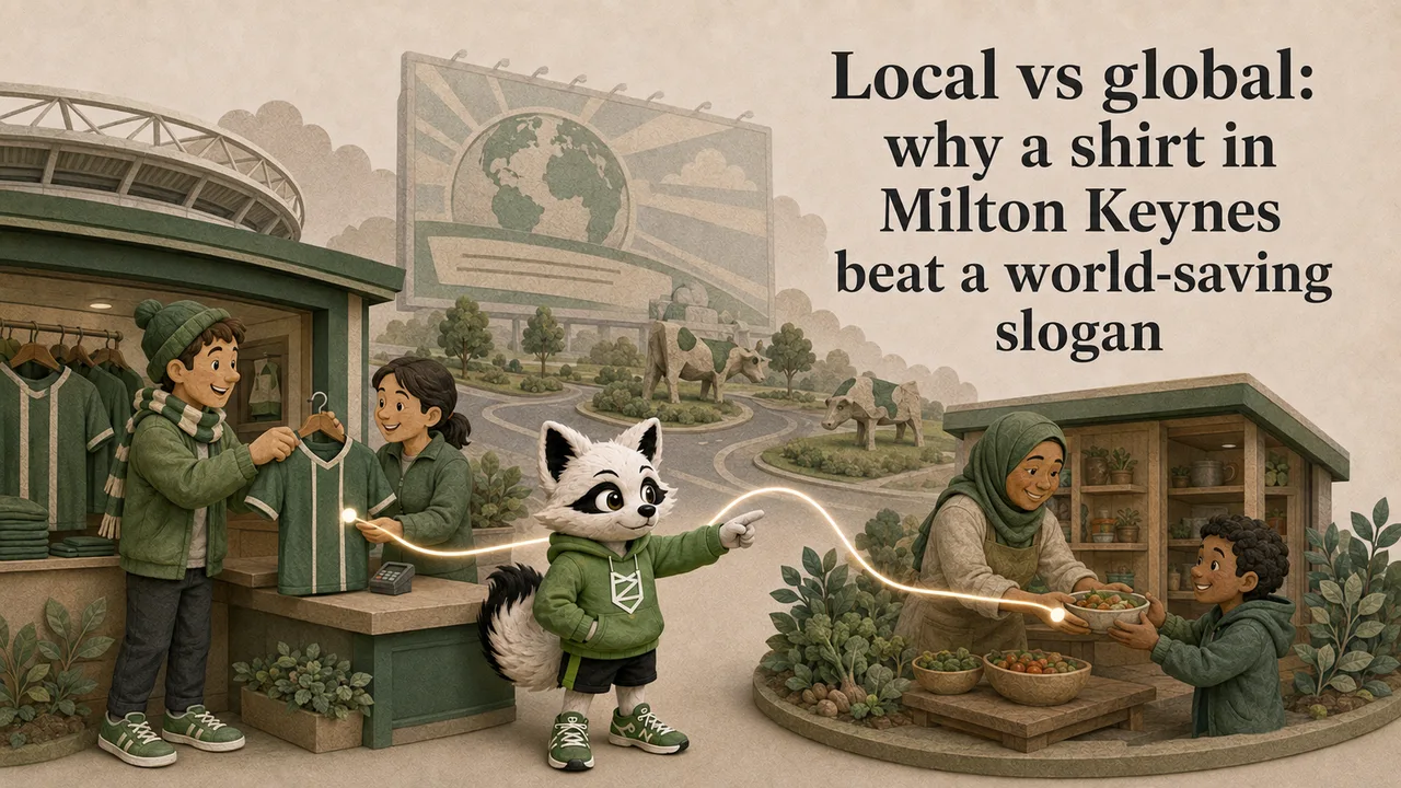 Zenko fox linking a Milton Keynes football shirt to a visible local food programme rather than a vague global slogan.