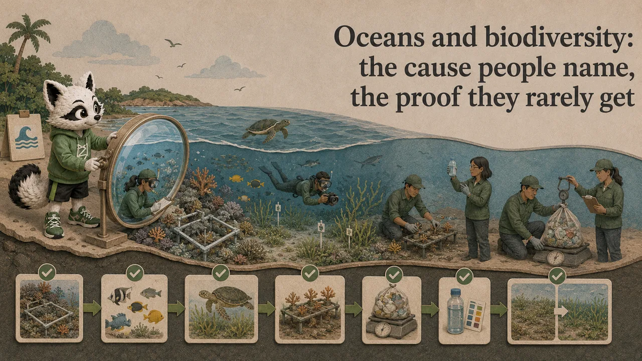 Zenko fox examining measurable ocean and biodiversity evidence instead of accepting a generic conservation claim.