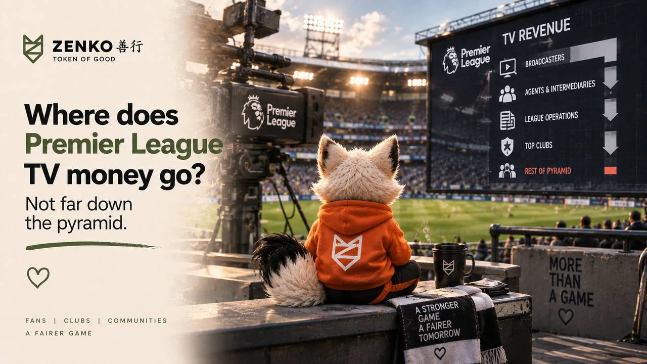 Zenko fox watching football beside a board showing Premier League television revenue distribution.