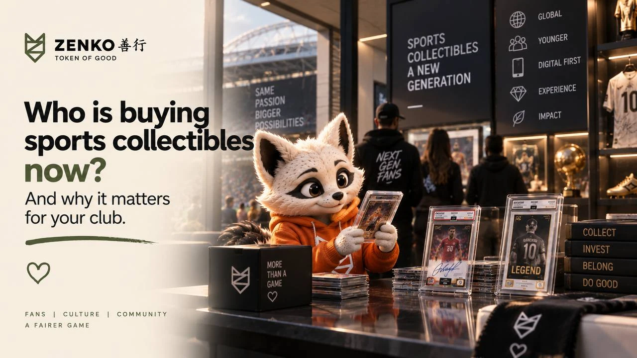 Zenko fox browsing sports cards at a collectibles shop.