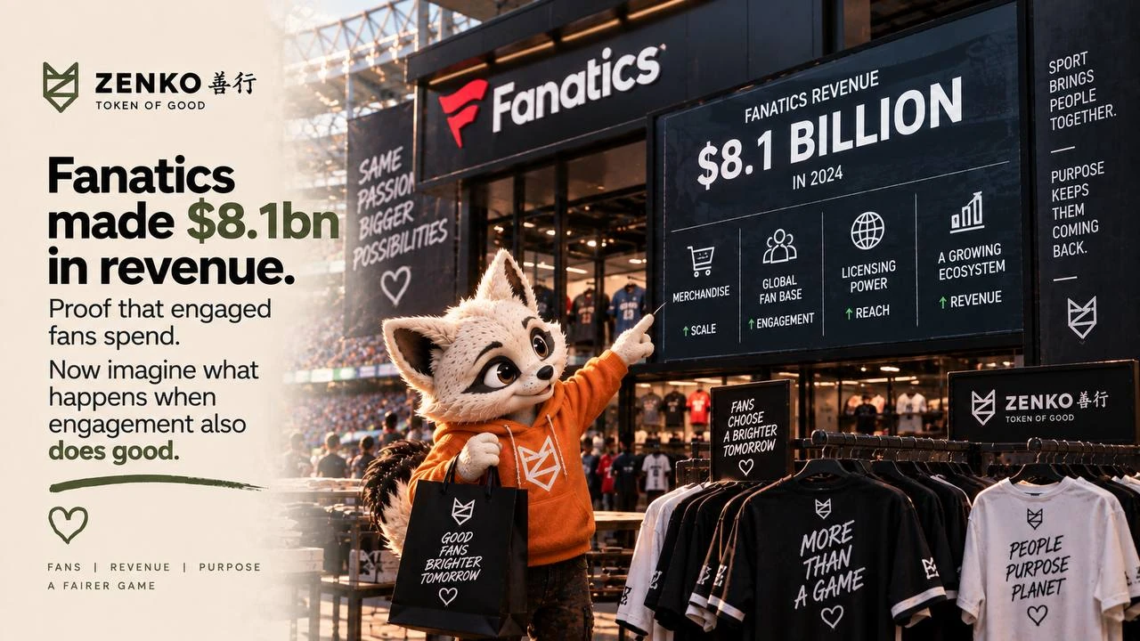 Zenko fox pointing to Fanatics revenue above a football shirt display.