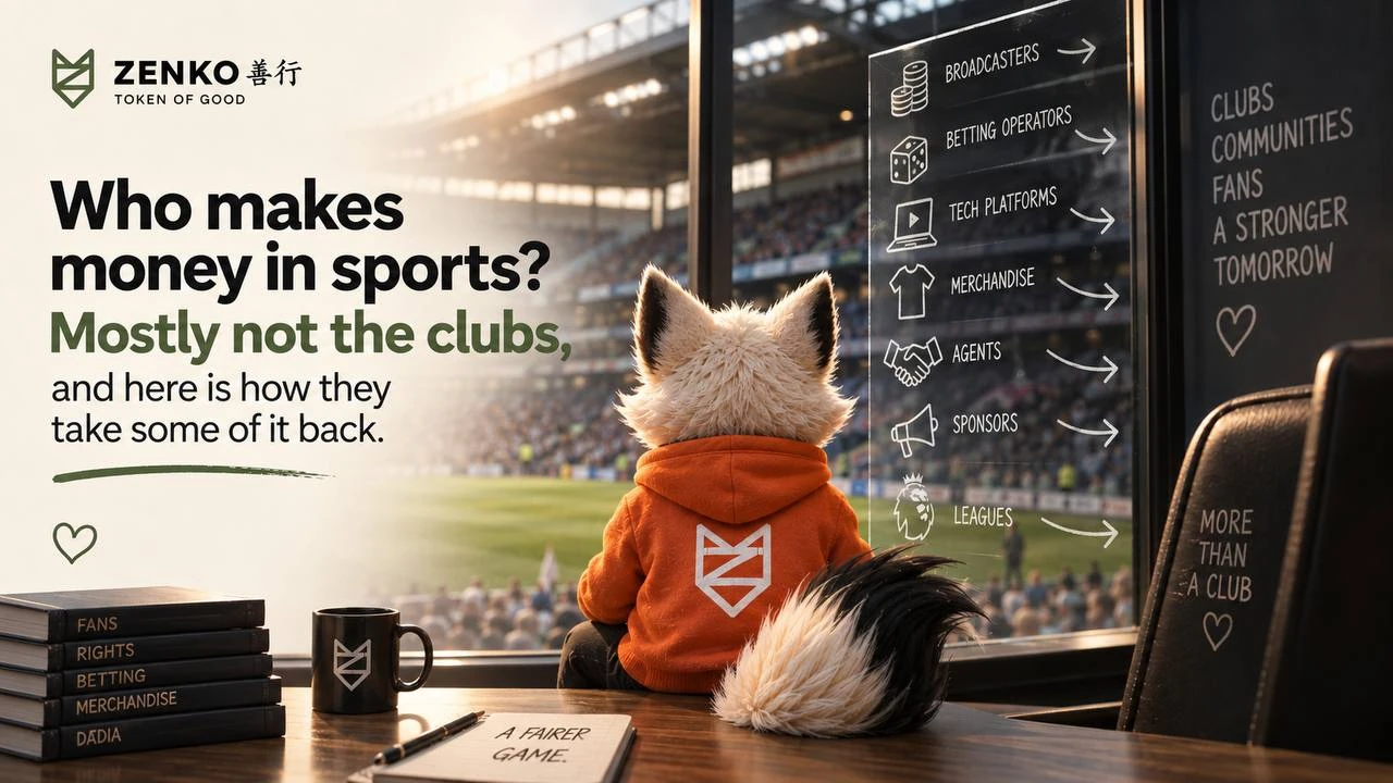 Zenko fox overlooking a stadium and a board showing the six layers of sports revenue.